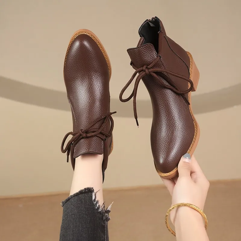 

Ботильоны с острым носком, женские весенне-осенние туфли из мягкой кожи, темпераментные туфли на низком каблуке с застежкой-молнией и шнуровкой