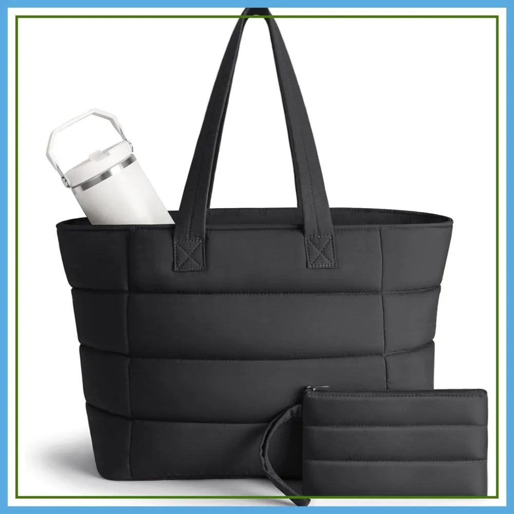 

Puffer Tote Bag with Pouch, Women's Lightweight Quilted Shoulder Bag, 15.6"/17.3 Laptop Travel Weekender for Work & Nurses