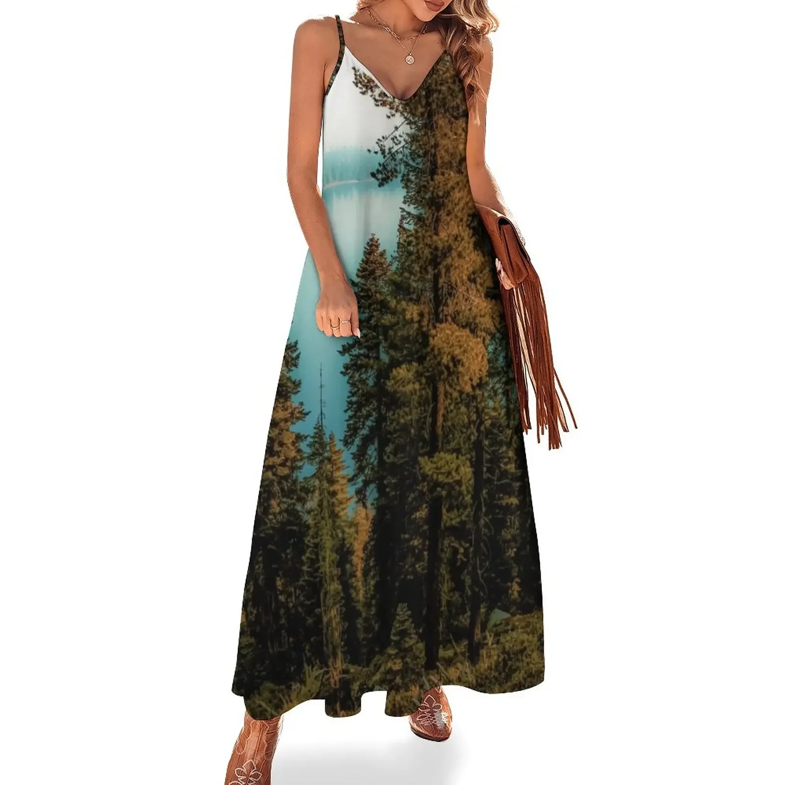 Pine tree with lake scenic at Emerald Bay Lake Tahoe California USA Sleeveless Dress Cocktail of dresses