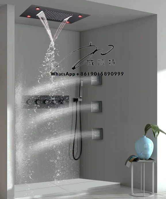 Oil Rubbed Bronze Thermostatic Rain Shower Faucet System 14 X 20 Inch LED Waterfall Rainfall Shower Head Bathroom Mixer Set