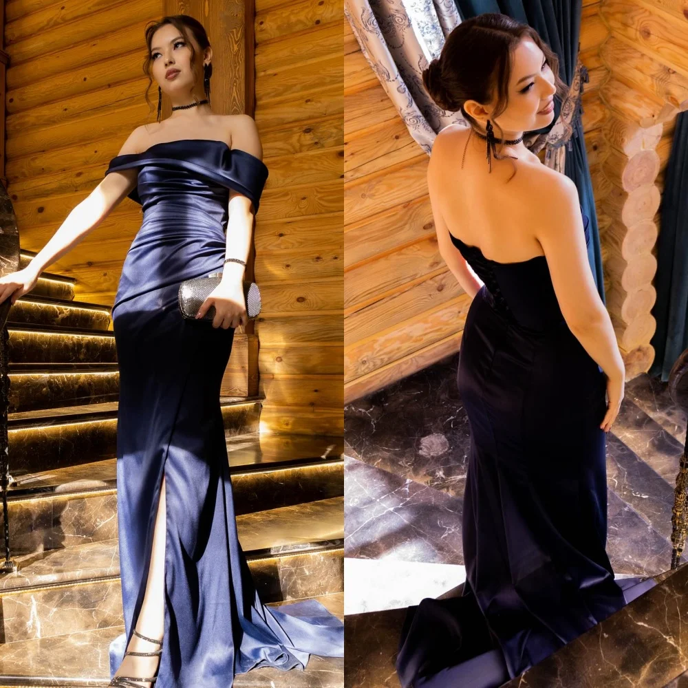 

Customized Simple Modern Style Pleat Ruched Draped Sheath Off-the-shoulder Long Dresses Bespoke Occasion Dresses Sizes Available
