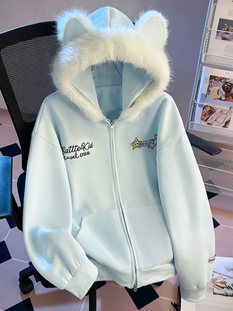 Thiened Fce Kapuzenpullover Ohr Warme Oberbekleidung Original Design Loose Fit Damen Herbst Winter Neu SLE Casual Ja...