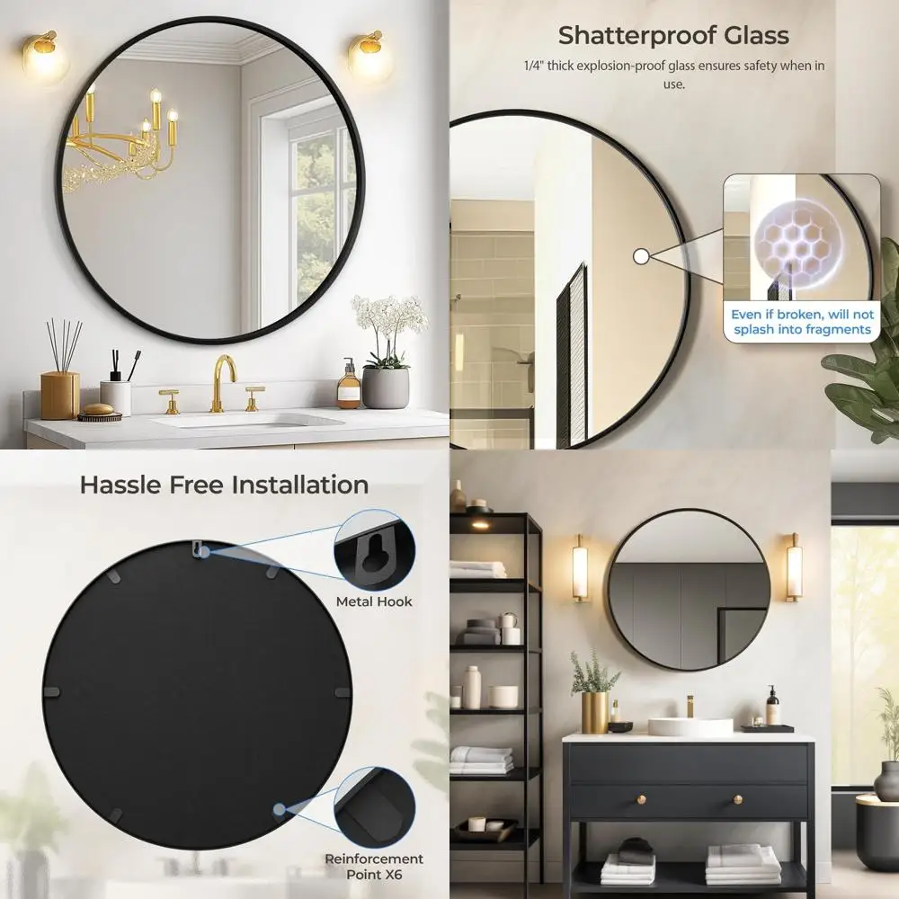 

24-inch Round Bathroom Mirror with Metal Frame, Modern Vanity Mirror for Over Sink Installation, Wall Mirror for Entryway and Ho