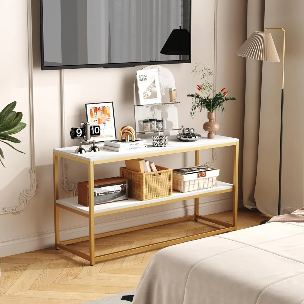 حامل تلفزيون منزلي وظيفي لأجهزة التلفاز حتى 50 بوصة، مركز ترفيه 3 طبقات، خزانة تلفزيون حديثة مع سطح رخامي وقاعدة معدنية ذهبية