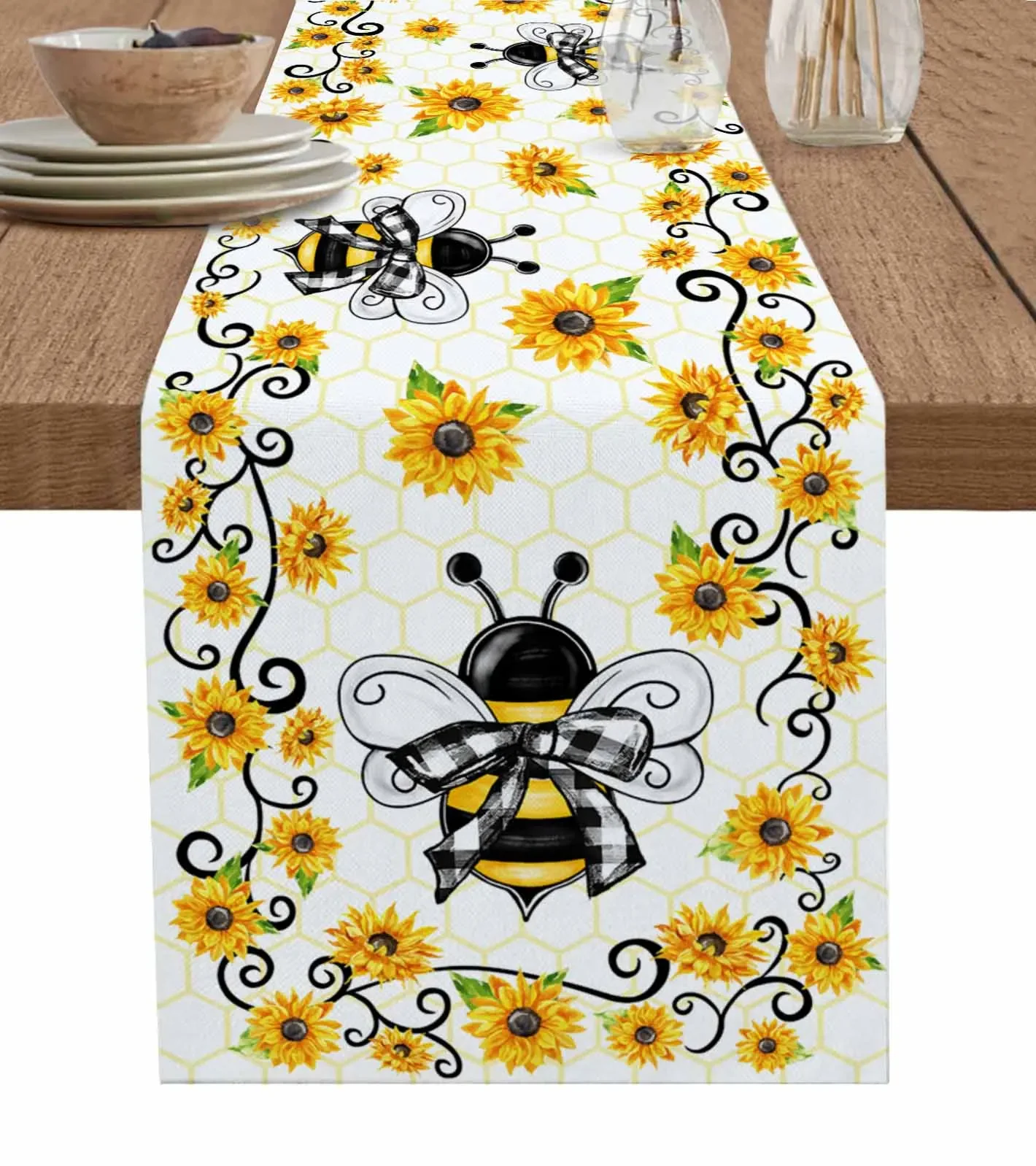 

Summer Bee Sunflower Flower Table Runner Wedding Dining Table Decoration Table Runner Holiday Dining Tablecloth