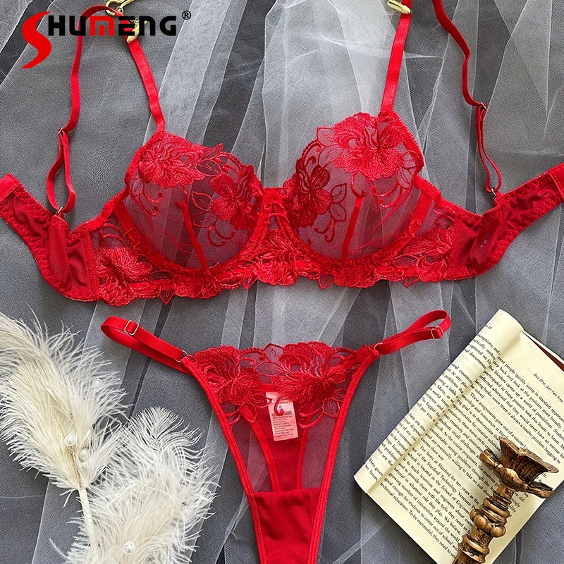 

Pure Style Sexy Lingerie Outfits Women Red Embroidered Bra Set Female Push Up Transparent Three Point Underwear Brief Suits