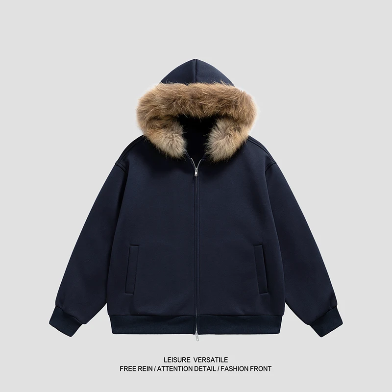 

Men's Comfy Zip - Up Hoodie with Thick Faux Fur Hood: Suitable for Winter Dog Park Visits, Post - Gym Recovery, and Chill Gaming