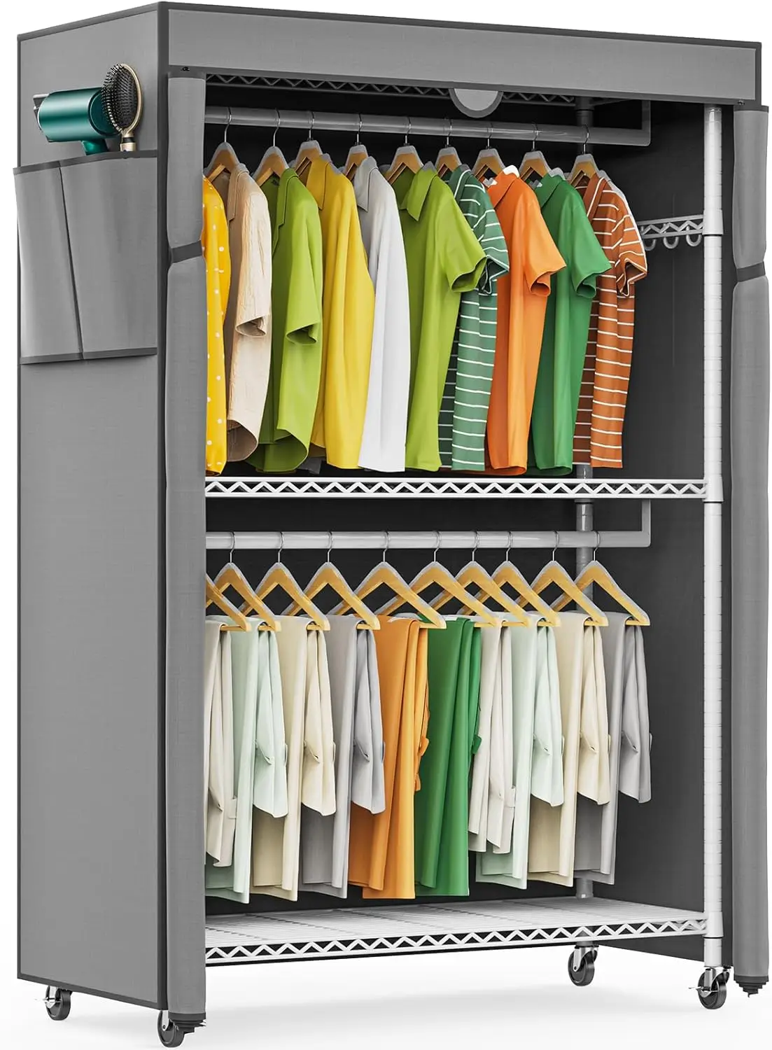 

Heavy Duty Rolling Garment Rack with Dustproof Cover, Adjustable Shelves, Lockable Wheels for Home and Store Use