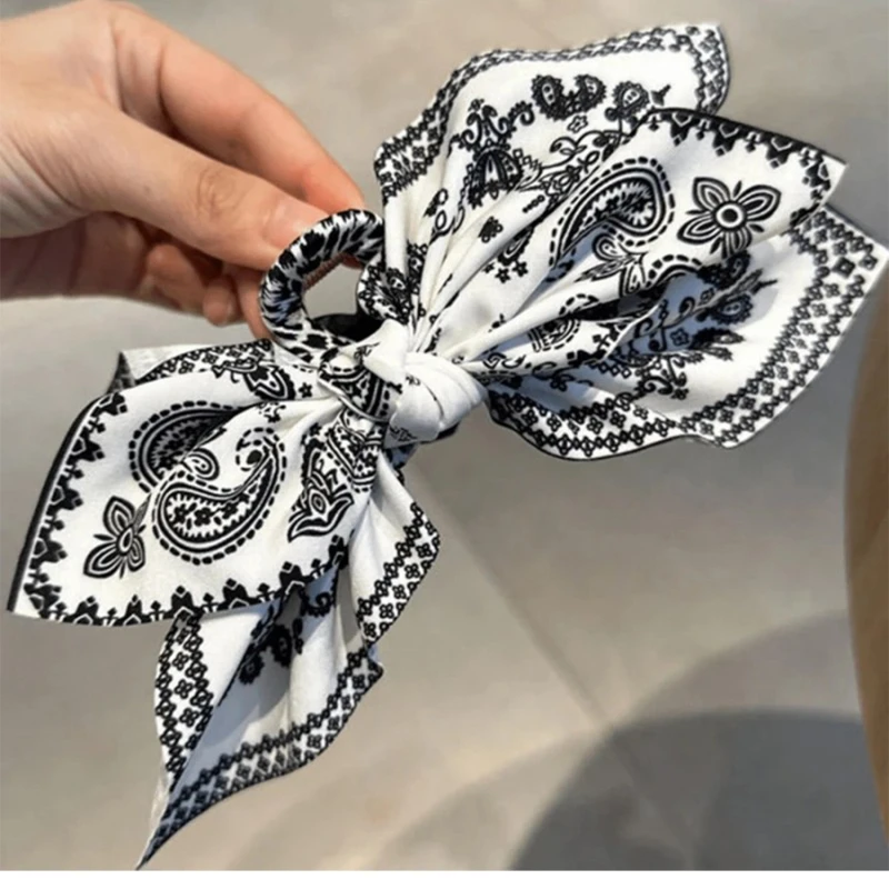 

Vintage Print Large Bow Scrunchies Hair Claw Clip Fashion Bow Tie Hair Loop Double Sided Shark Clip Women Headdress Accessories