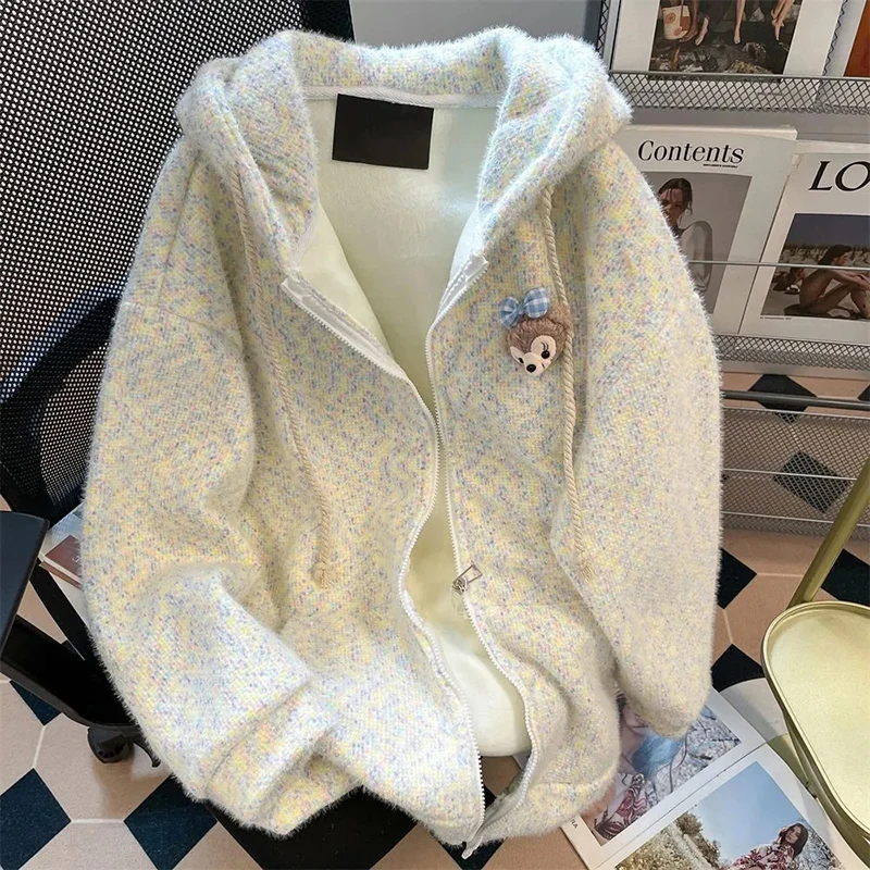 

Korean Sweet Knitted Sweater Women Long Sleeve Spring Fall Warm Cardiagn Preppy Style Loose Casual Thick Hooded Outwear