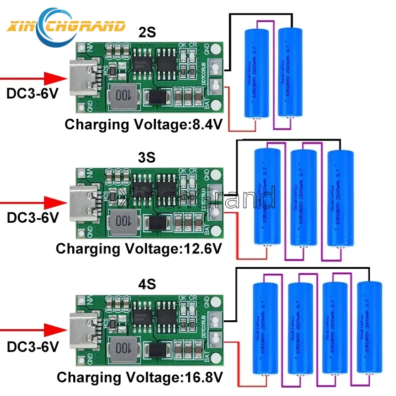 Multi-cella 2S 3S 4S Tipo-C A 8,4 V 12,6 V 16,8 V Step-Up Boost LiPo Polimero Li-Ion Caricatore 18650 Batteria al litio