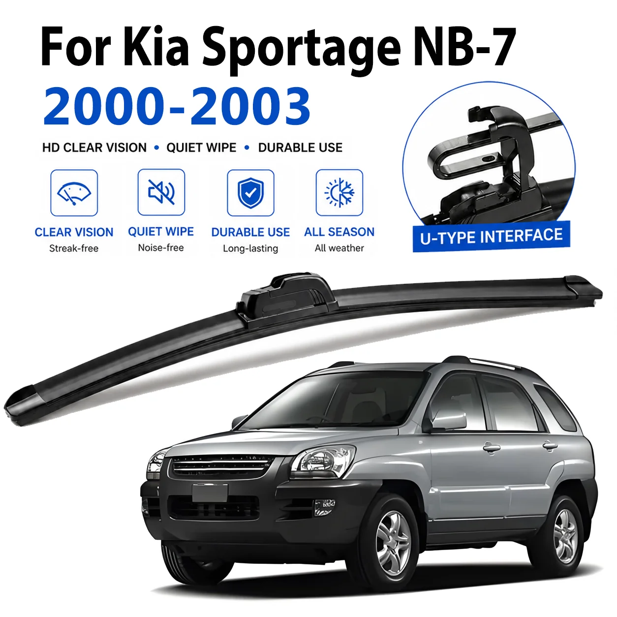 Standard Wiper Blades For Kia Sportage NB-7 2000-2003 All Weather J Hook U Long-lasting Quiet Smooth HD Rubber Windscreen Wipers
