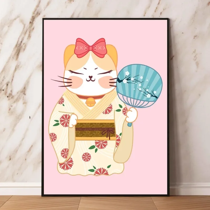 Japanese Kimono Lucky Cat Picture Wall Art Decoration Modular Canvas Painting Birthday Gifts Living Room Home Decor