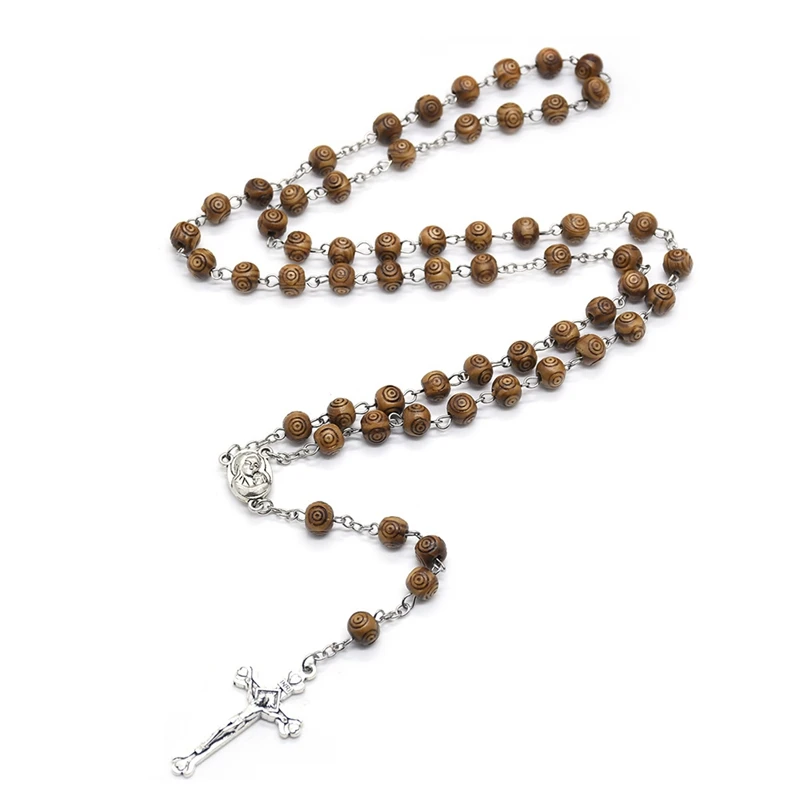 QIGO Wood Rosary Vintage Catholic Church Cross Necklace Pendant Long For Men Women Religious Jewelry