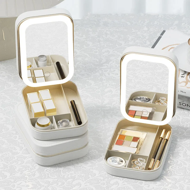 Mini LED Lamp Storage Makeup Mirror Storage Box for Cosmetics Going Out Travel Portable Home Bathroom Cosmetic Pouch Women