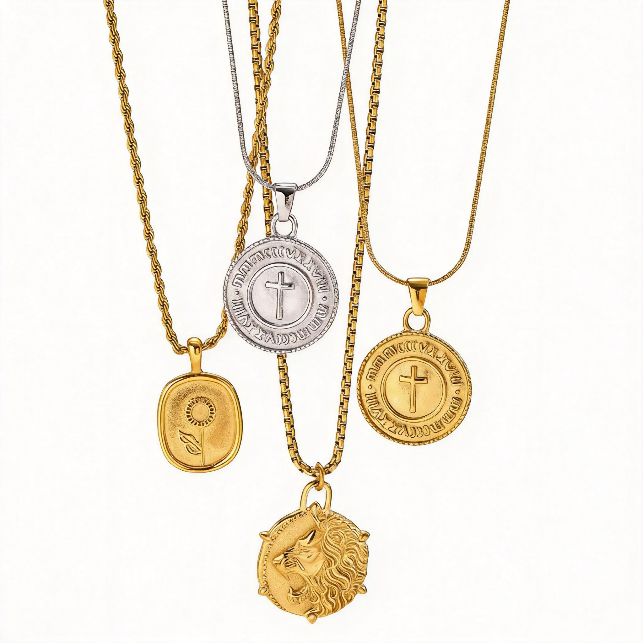 Vintage Stainless Steel Pendant Necklaces For Men Women 3d Cross Lion Head Sunflower Coin Retro Lucky Amulet Fashion Jewelry For