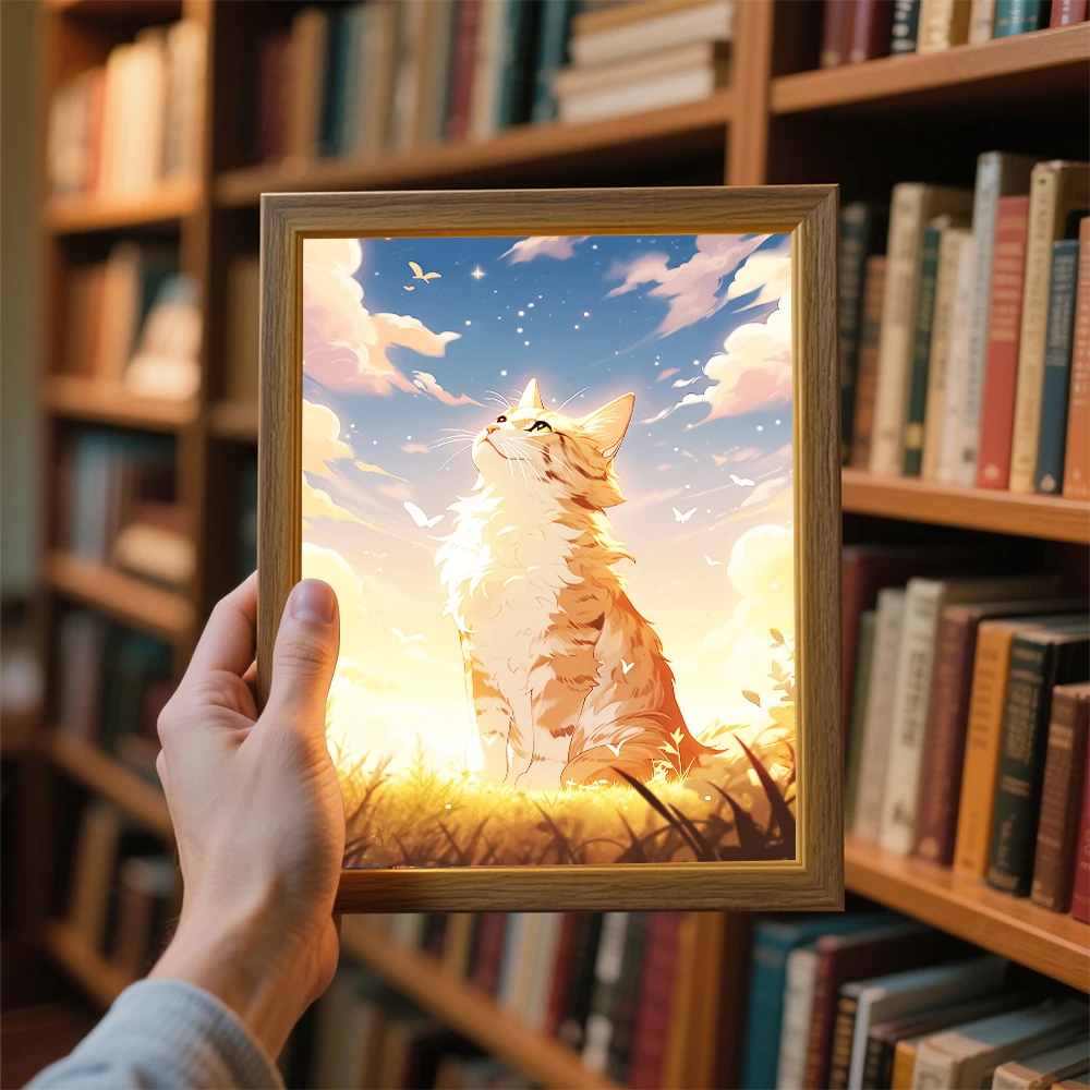

Led Cat Painting Night Light Wooden Framed Living bedroom Room Decoration lamparas de mesita de noche For gifts