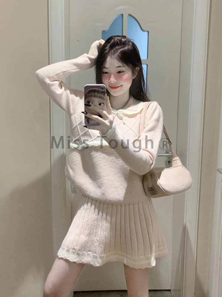 Preppy Style Elegant Knit 2 Piece Suit Woemn Autumn Winter Sweet Doll Collar Pink Skirt Suit Kawaii Sweater + Pleated Skirt Sets