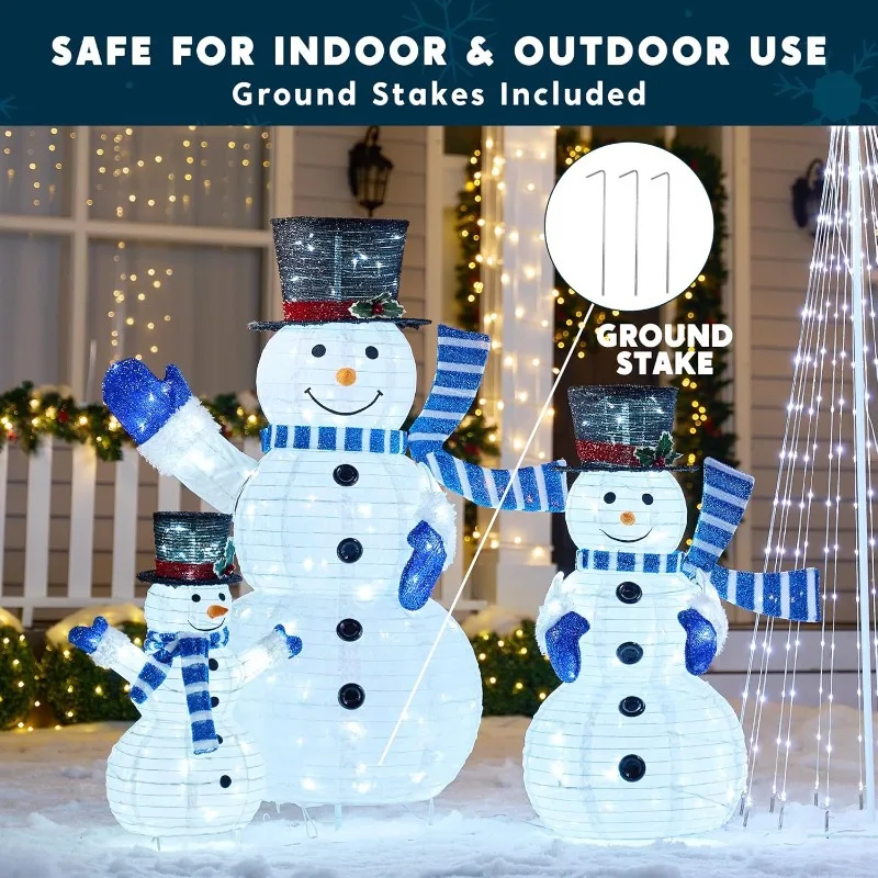 3 Pcs 3D Christmas Collapsible Snowman Yard Light 270 Pre-Lit LED Cool White Lights for Indoor Outdoor Garden Holiday Decor, Christmas Event Decoration, Christmas Eve Night, Blue Scarf