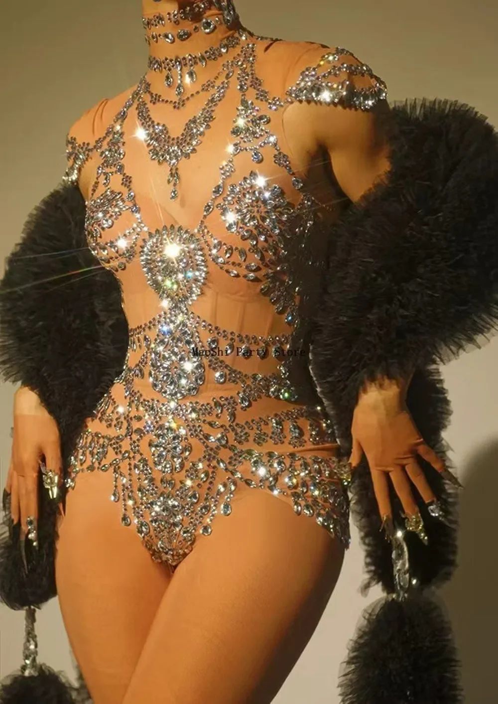 

Sexy Women See Through Crystal Bodysuits Club Birthday Leotard Dancer Playsuit Performance Wear Mesh Rhinestone Jumpsuit Wuniang