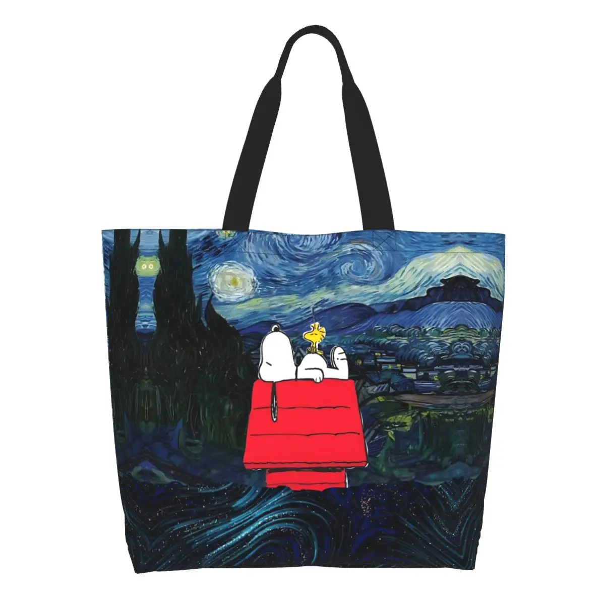 

Custom S-Snoopys Grocery Tote Shopping Bag Women Kawaii Cute Cartoon Canvas Shopper Shoulder Bag Large Capacity Handbag