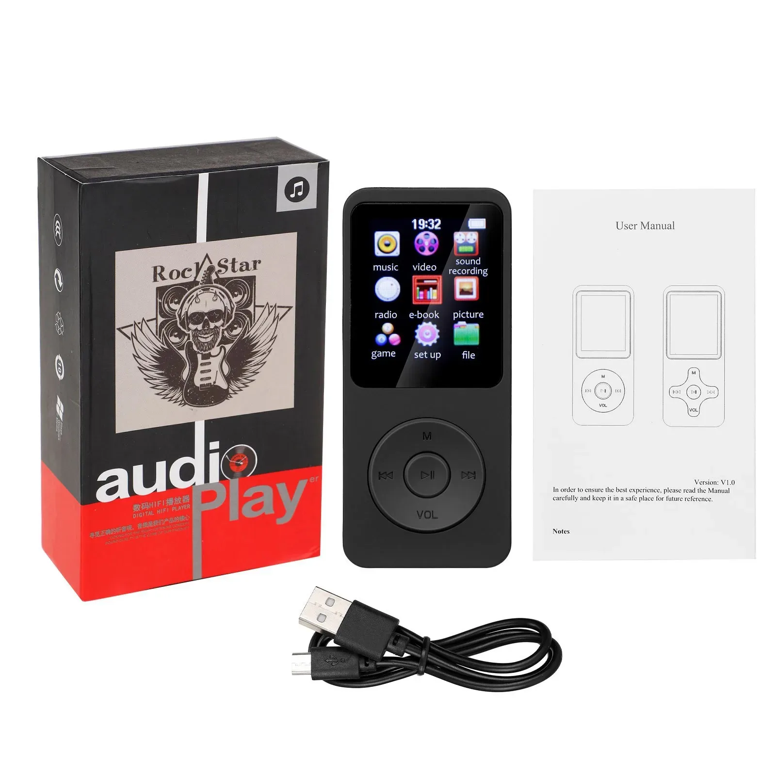 Bluetooth 5.0 MP4 MP3-speler Ingebouwde luidspreker Draagbare 1,8 inch scherm Muziekspeler Ondersteuning TF met FM-radio E-Book-opname