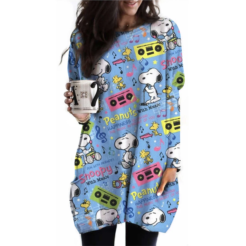 2024 Women\'s Long Sleeve Pocket Waist Top Snoopy Printed Women\'s Casual Loose Hoodie Plus Size Clothing