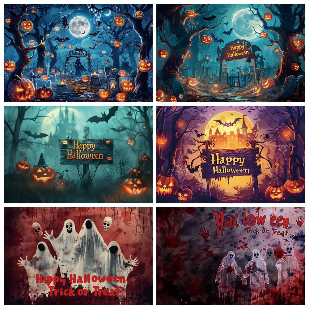 

Happy Halloween Backdrop Pumpkin Lanterns Forest Tree Moon Bat Grave Ghost Night Party Photography Background Decor Photo Studio