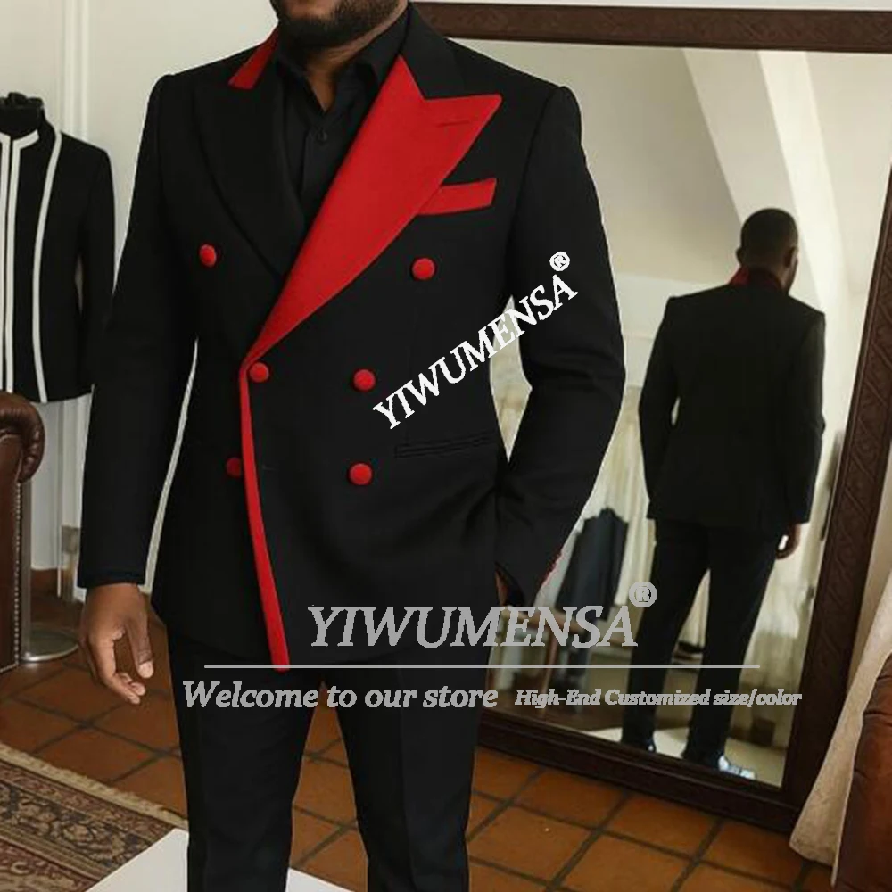 

Male Fashion Suits Red Black Spliced Jacket Pants 2 Piece Sets High-End Customized Man Business Party Attire Terno Masculinos