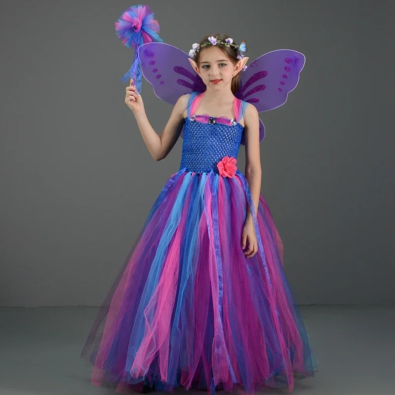 Girls Halloween Fairy Costume Kids Tulle Dress Set with Wings Headband Elf Ears for Toddler Cosplay Party Holiday Outfit