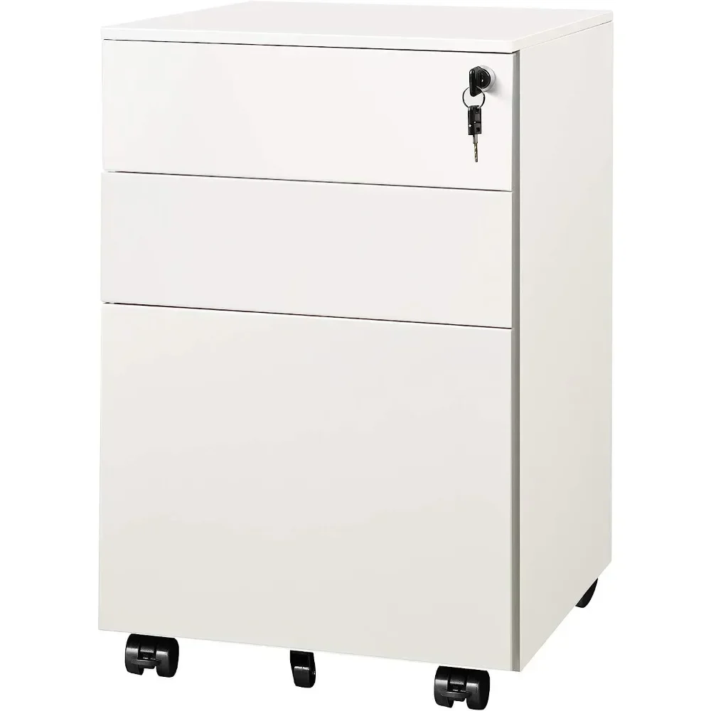 

Locking File Cabinet, 3 Drawer Rolling Pedestal Under Desk Office, Fully Assembled Except Casters, White, Large Storage Space