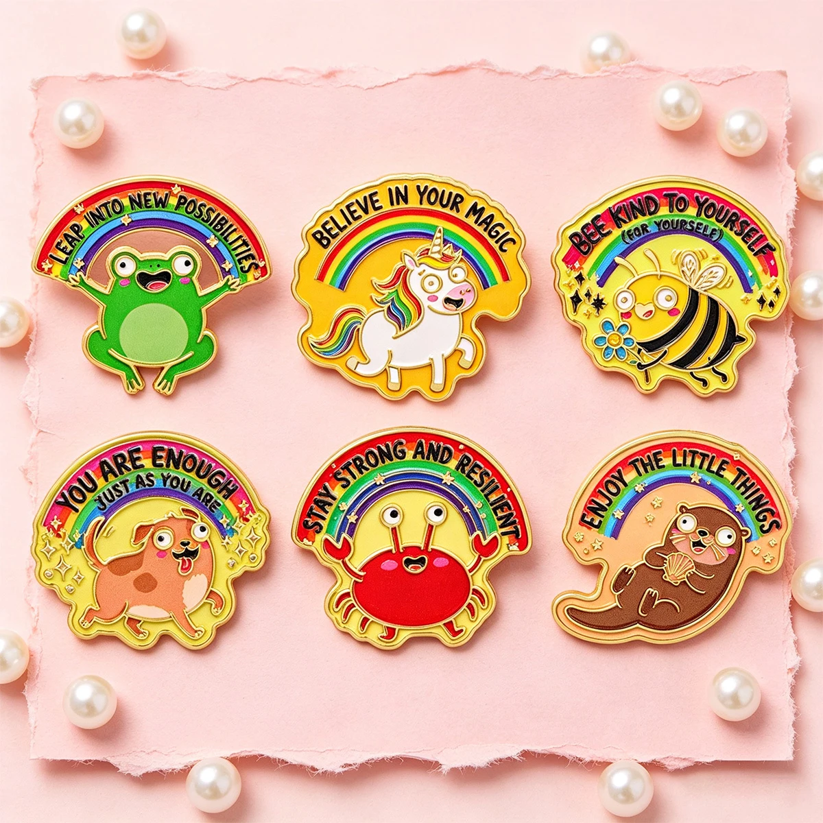 6Pcs Positive Enamel Pins Cute Animal Rainbow Lapel Pin Frog Bee Crab Otter Dog Brooch Badge Backpack Clothing Decor Gift