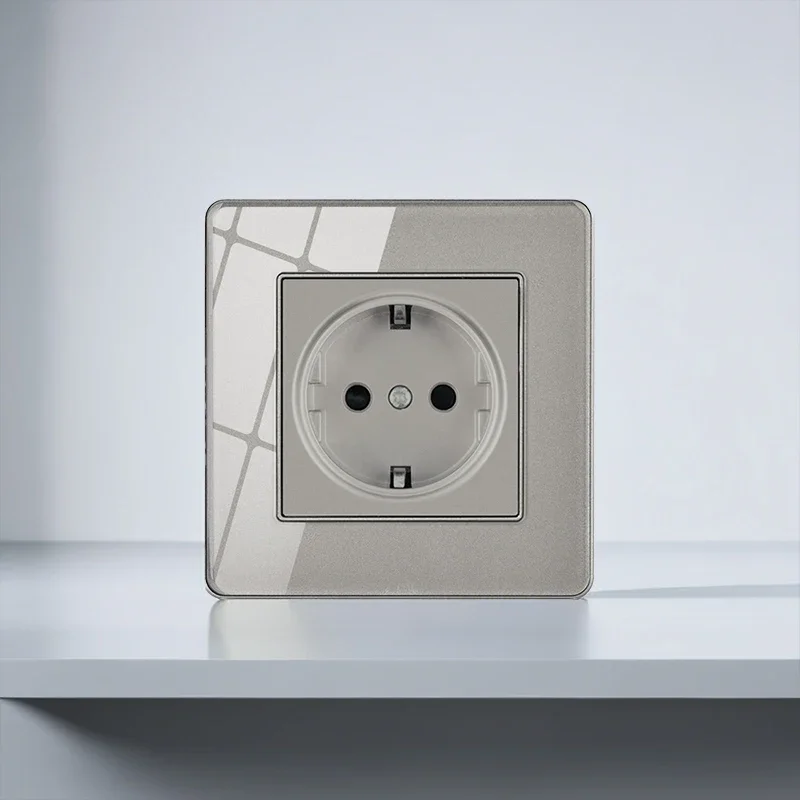 

T&I 16A AC Outlet German Socket Eu Standard Glass Plate Wall Switch and Socket Glass Grey Frame 86*86mm