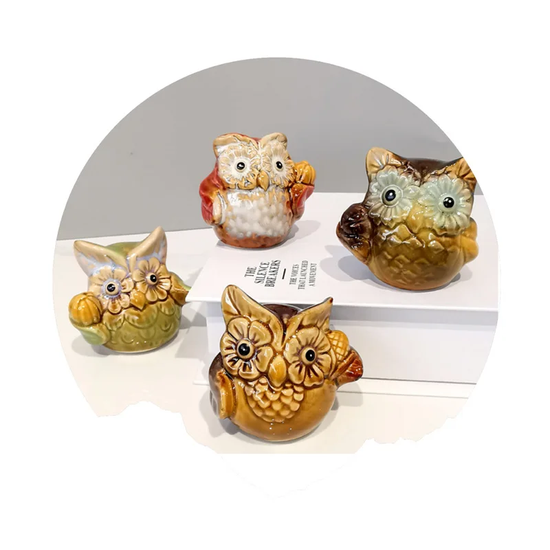 Cartoon Glazed Ceramic Owl Statue, Mini Animal Figurine Kids Bedroom Living Room Shelf Table Decor Gift