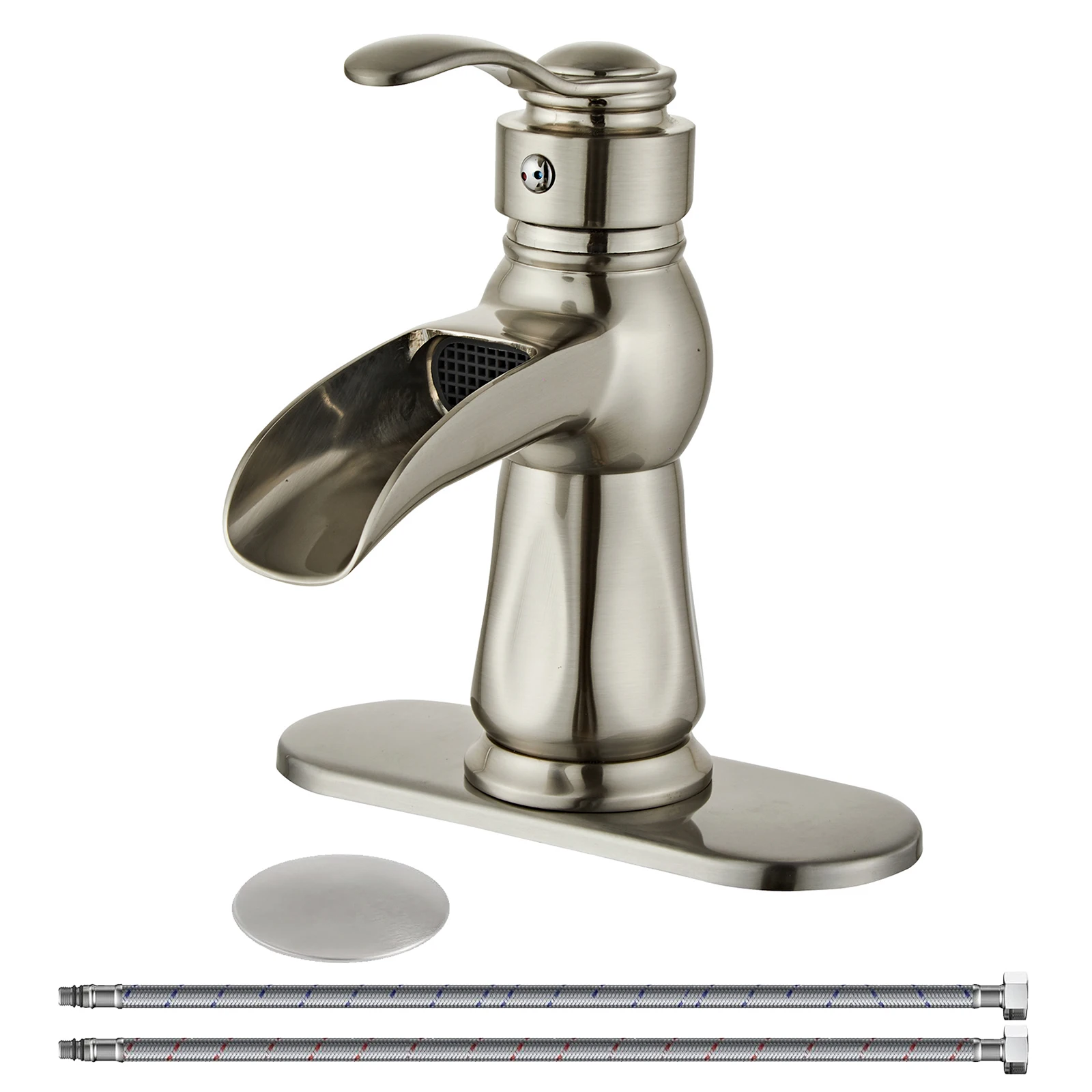 

Basin Modern Waterfall Bathroom Chrome Faucet with Supply Hose Wash basin Faucet Single Handle With Plate With Pop Up Drain