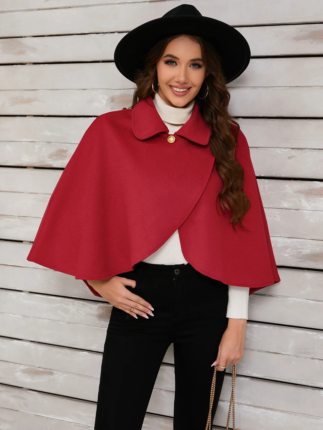 

Elegant Office Short Cape For Women Fashion Lapel Button Bat Sleeve Shawl Solid Color Asymmetric Commuter Lady Coat