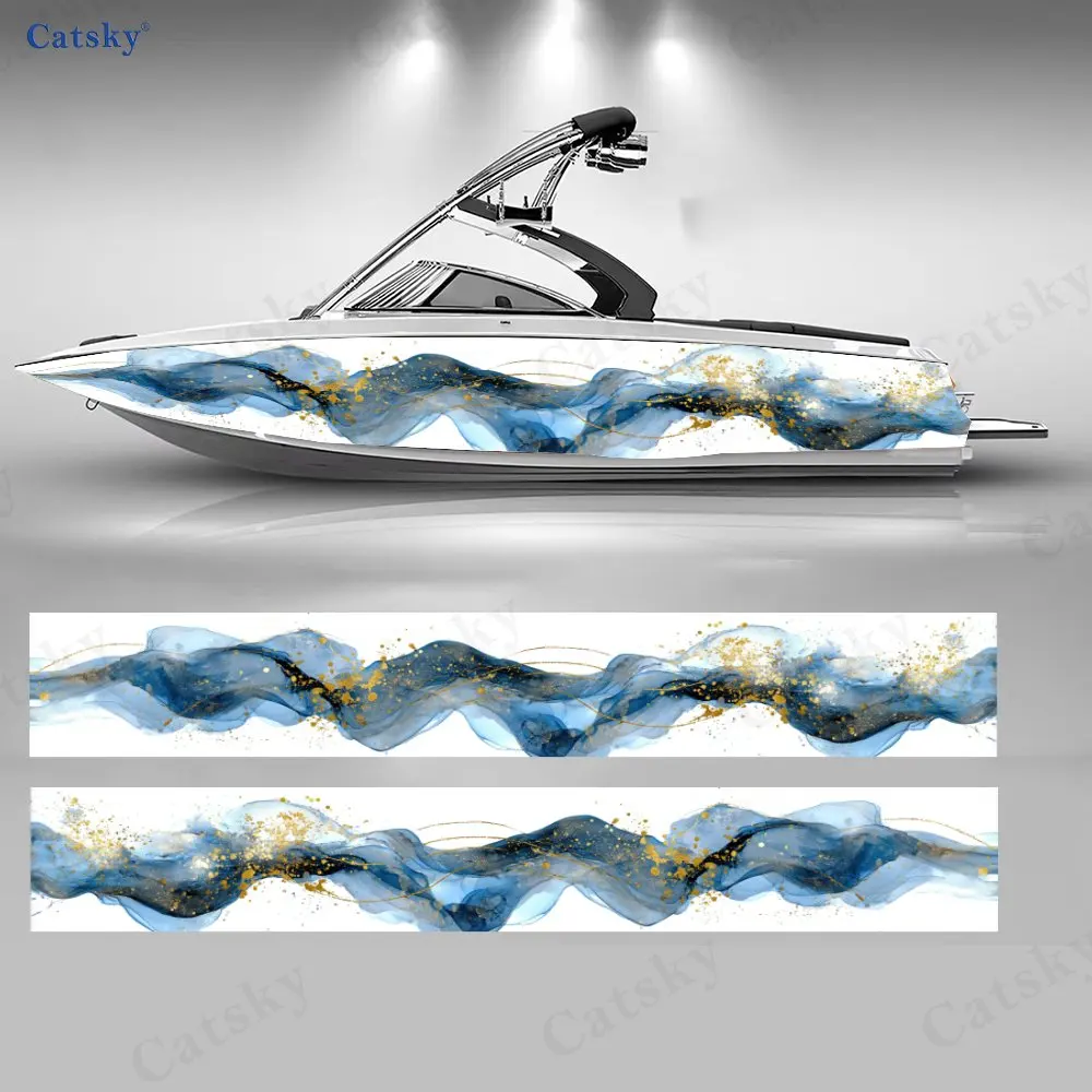 Gilded Blue Mist Ink Wash Boat Stickers, PVC Waterproof Durable Vinyl Wrap Decals for Fishing Boats, Durable and Stylish Design