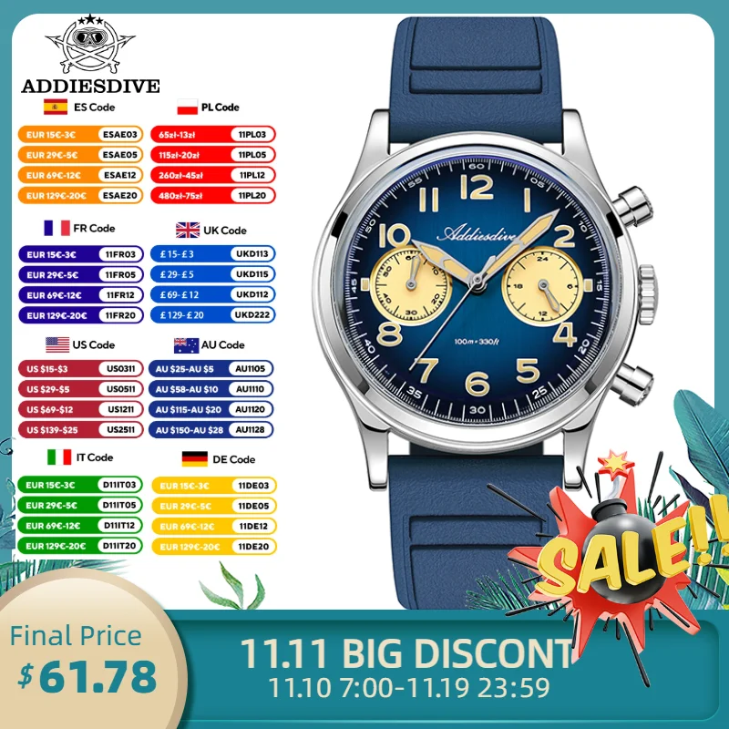 

ADDIESDIVE AD2516 New Men's Watch Bubble Glass Stainless VK64 Quartz Watches Fashion 38mm Waterproof Luminous Retro WristWatch