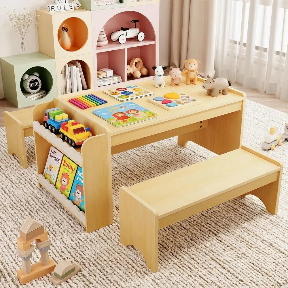 

Montori Kids Table and Bench Set, Kids Table and Chairs Set, Indoor Kid Crat Tables with Storage, Toddler Desk or Home, Classroo