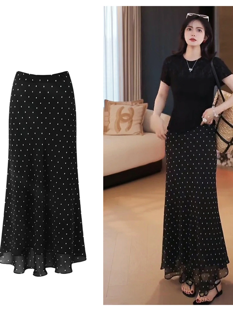 Y2K Polka Dot Fishtail Skirt Women Mid Long Summer Retro Hong Kong Style Hip Hugging High Waisted Chiffon Long