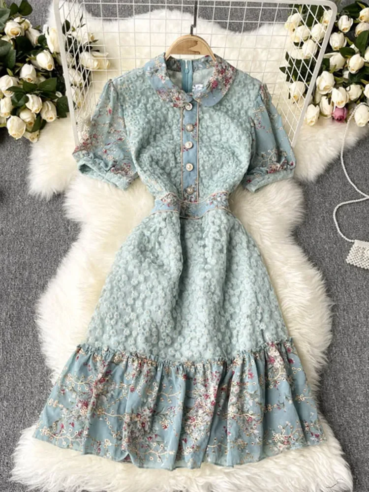 

New Summer French Sweet Girls Peter Pan Collar Puff Sleeve Flower Embroidered Mesh Patchowrk Printed Chiffon Ruffles Dresses