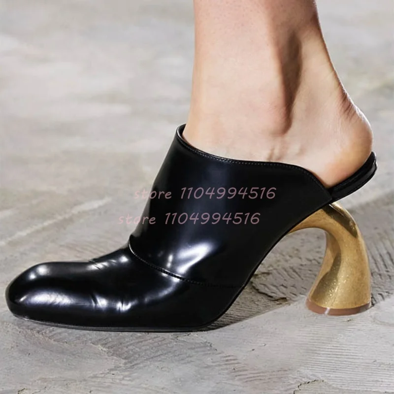 Women Gold Heel Leather Slippers Strange Style Heel Pointed Toe Slip On Slippers Fashion Luxury Party Casual Shoes 2025 Summer