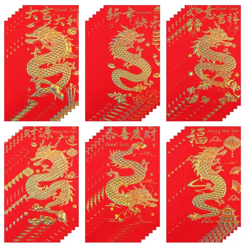 36PCS Chinese Red Envelopes 2024 Lunar New Year Red Envelopes Packets Envelopes with Gold-embossed Spring Festival Envelopes