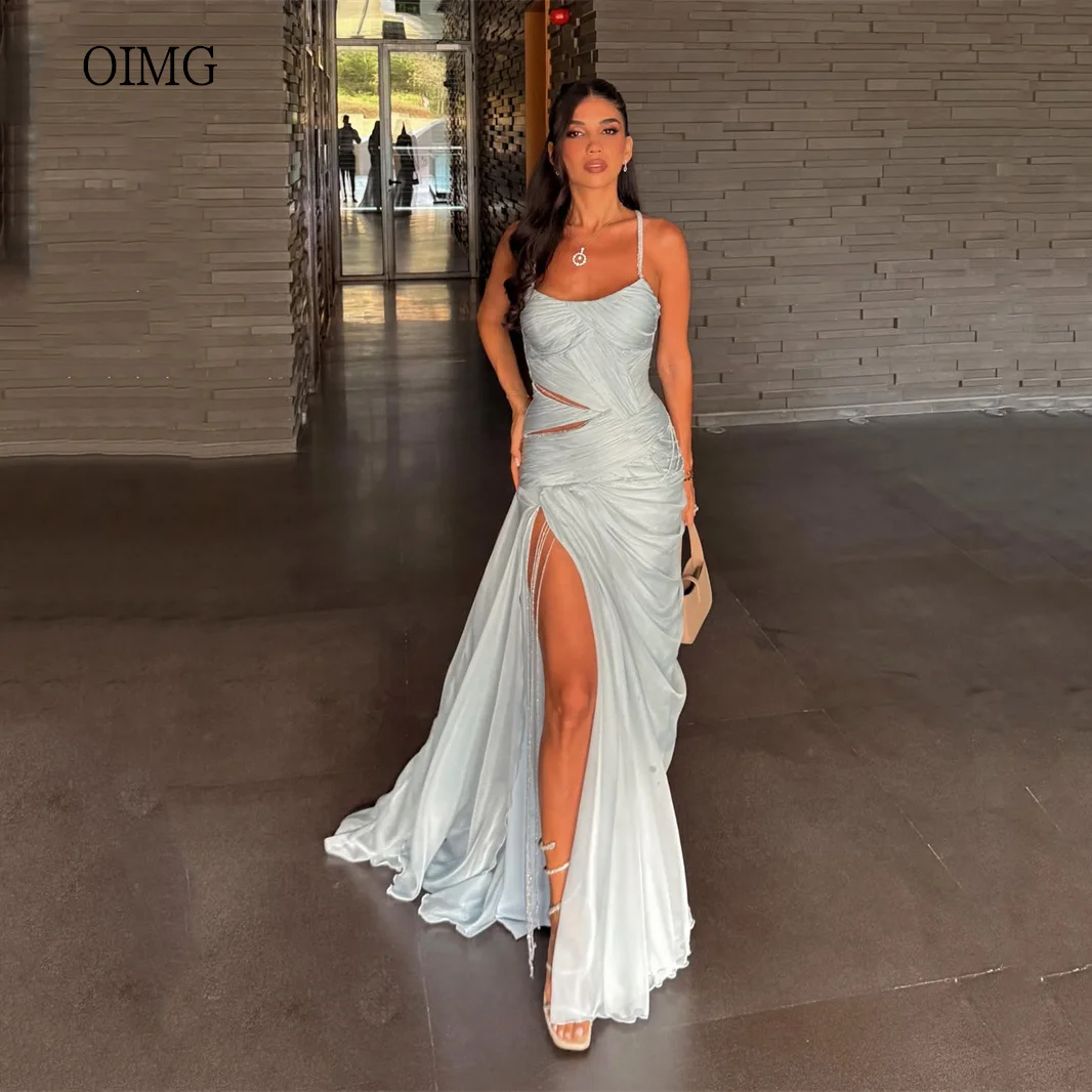 

OIMG Modern Spaghetti Strap Mermaid Prom Gowns Beaded Pleated Party Gown Floor Length Evening Dress vestidos de gala Customized