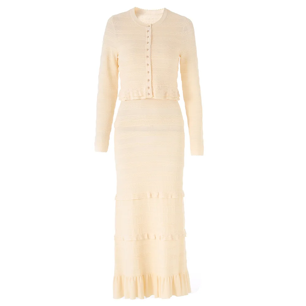 customized High quality cross-border gentle style apricot round neck long sleeved top sleeveless slim fit ruffle edge dress