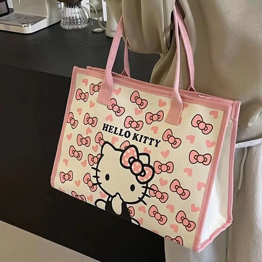 Hello Kitty Canvas Bag Anime Y2K Shoulder Bag Woman's Large Capacity Tote Package Work Travel Shoppingbags Portable Handbag