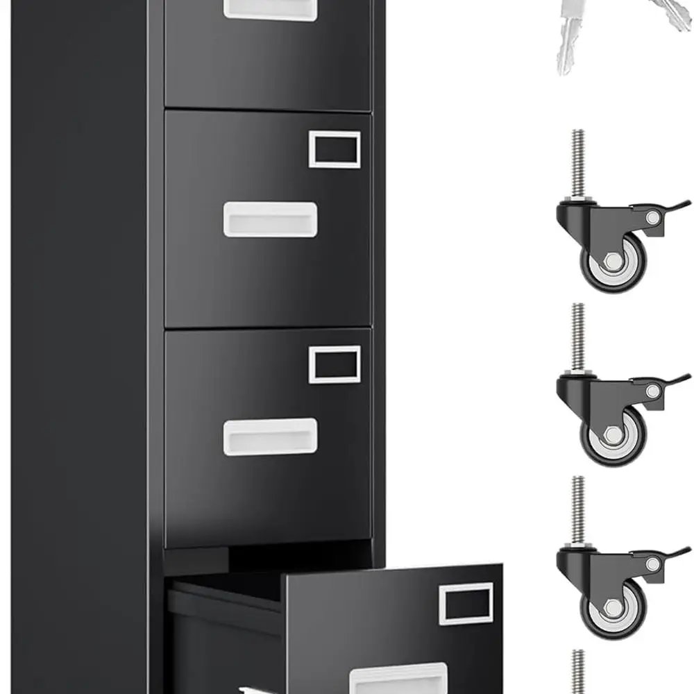 خزانة ملفات معدنية قابلة للقفل بأربعة أدراج - للاستخدام المكتبي والمنزلي، تتطلب التجميع، باللون الأسود #1