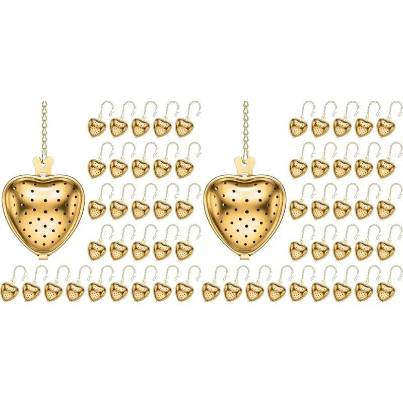 A84X-60 Pcs Tea Strainer Stainless Steel Tea Interval Diffuser Heart Shape Mesh Tea Filters With Extended Chain Hook