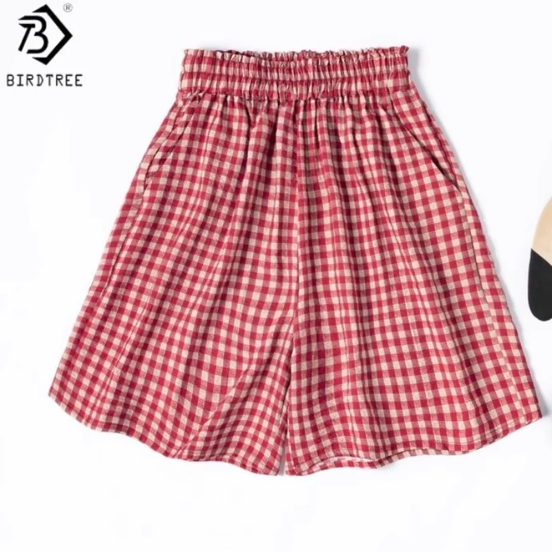 

Birdtree Women's 76% Mulberry Silk 24% Nylon Shorts,Summer Dry Silk Grid Flower Bud Elastic Waist Straight-Leg Shorts P56618JF