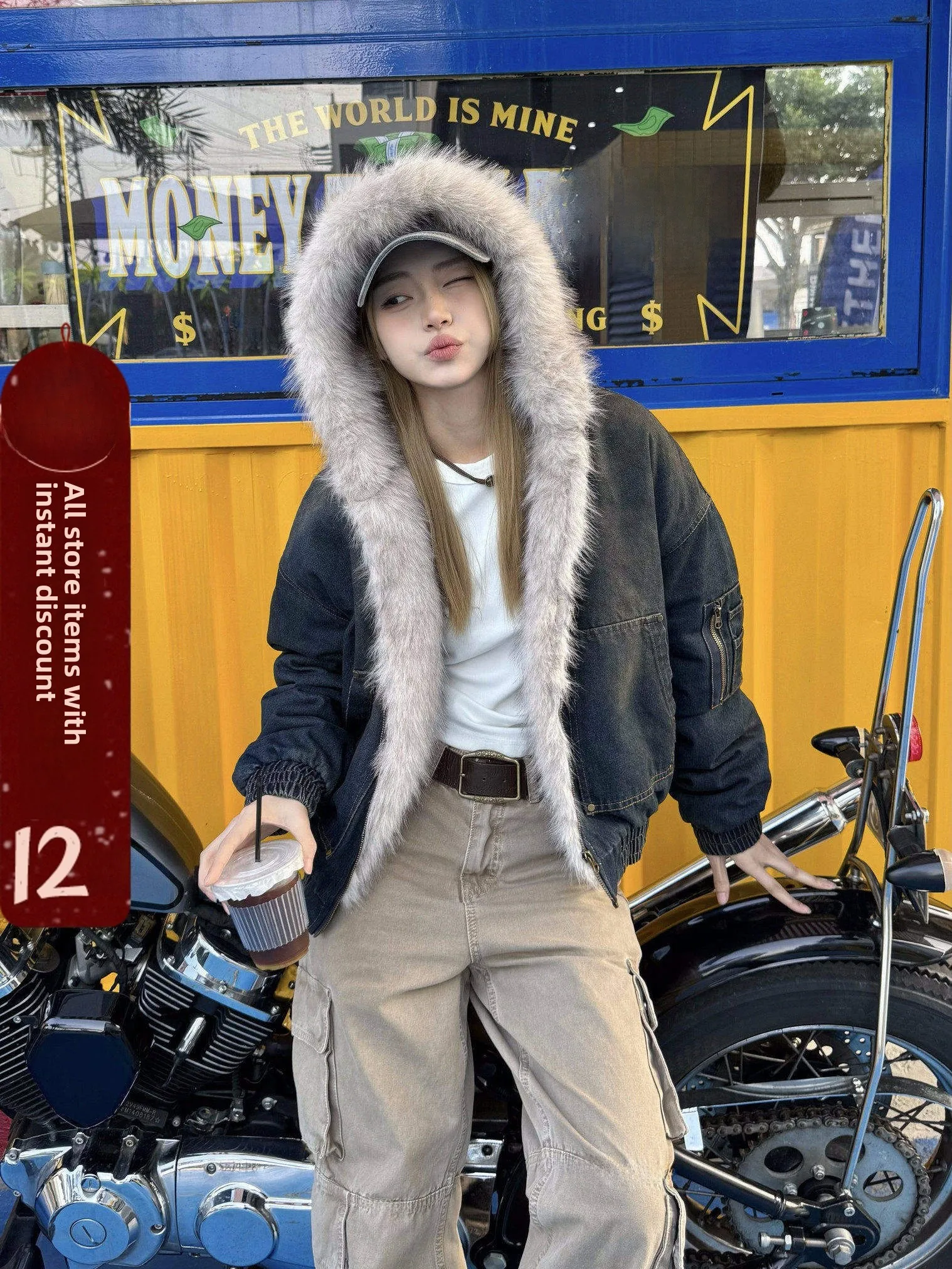 

XFX американский ретро свободный меховой воротник джинсовый хлопковый джинсовый женский зимний теплый хлопковый топ Thiened Mountain Eagle Insert